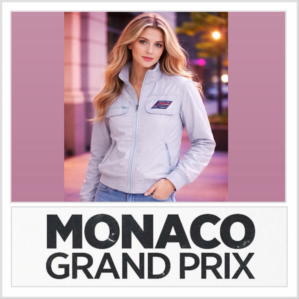 VINTAGE Adios Grand Prix Monaco Nylon Jacket Light Grey Beige Size Small (16)